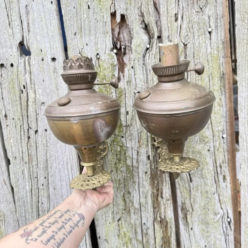 Pair‎ Antique Brass Namna TTO MONNE Wall Sconce Fuel Oil Lamp 12x8